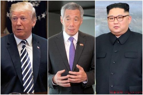 资料图片：左起依次是特朗普、李显龙、金正恩。（新加坡《海峡时报》官网）