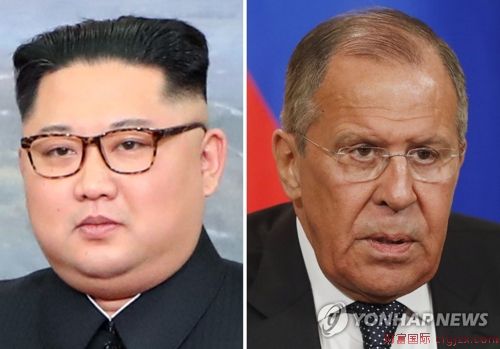 资料图片：左为朝鲜国务委员会委员长金正恩，右为俄罗斯外长拉夫罗夫。（韩联社/欧新社） 