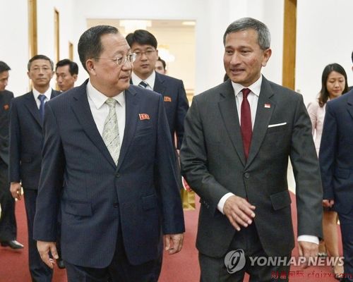 6月7日，在平壤，朝鲜外相李容浩（左）同新加坡外长维文一同步入会场。（韩联社）