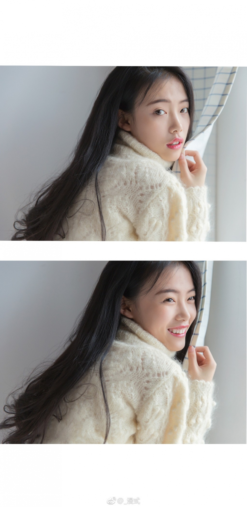 及腰长发美女娇艳香唇高领毛衣超短裤露雪白肌肤图片