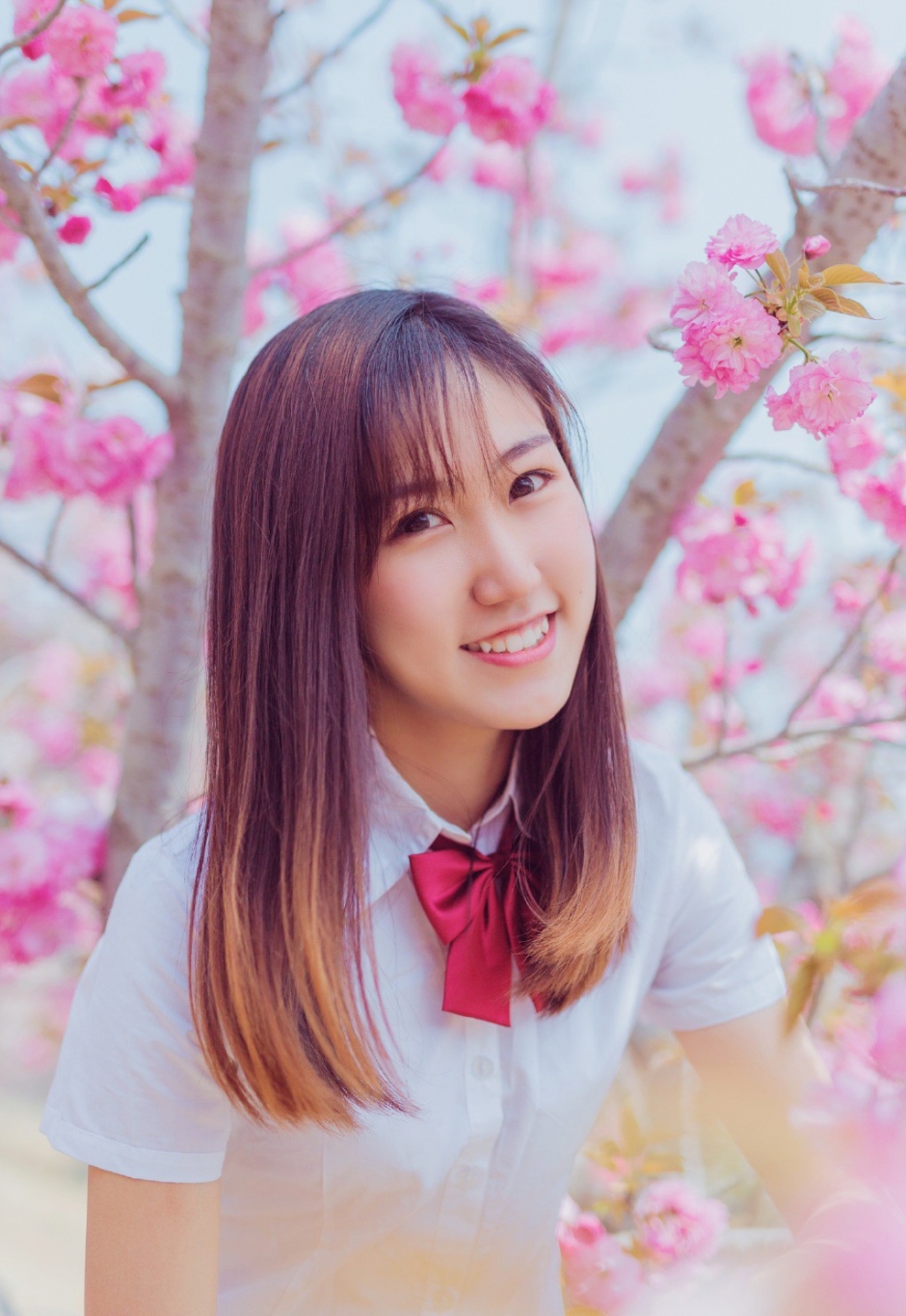 JK制服美女姐妹花樱花树下甜美微笑唯美写真图片