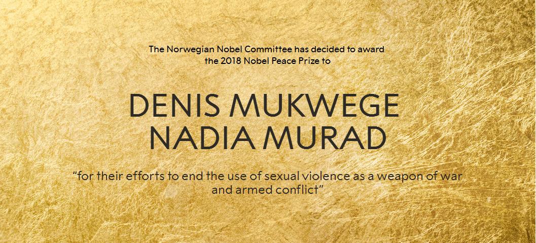 Denis Mukwege和Nadia Murad获得2018诺贝尔和平奖