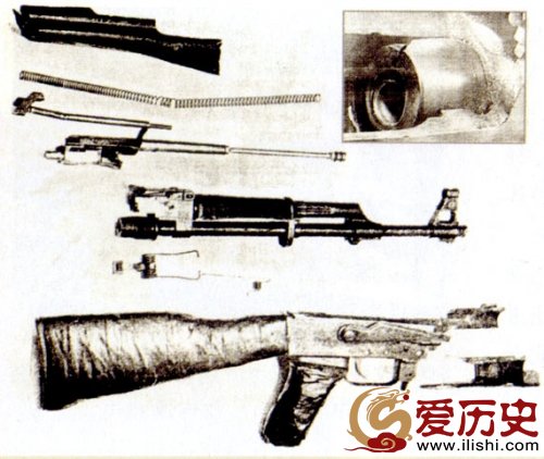 被陷阱弹炸毁的AK步枪,爆炸的巨大威力甚至使弹膛部分也发生了变形和损坏