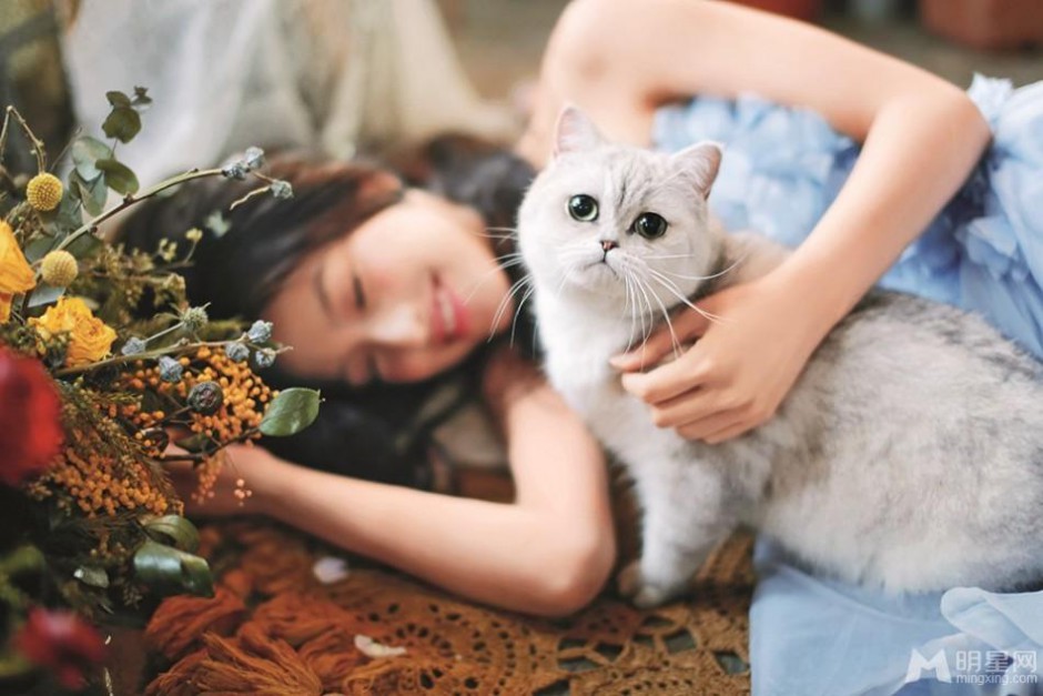 潘辰抱猫咪置身花丛高清唯美写真