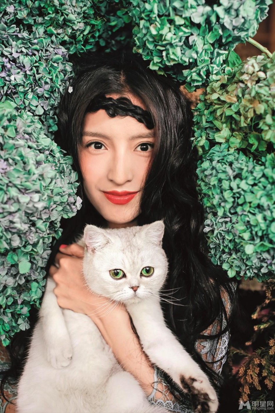 潘辰抱猫咪置身花丛高清唯美写真